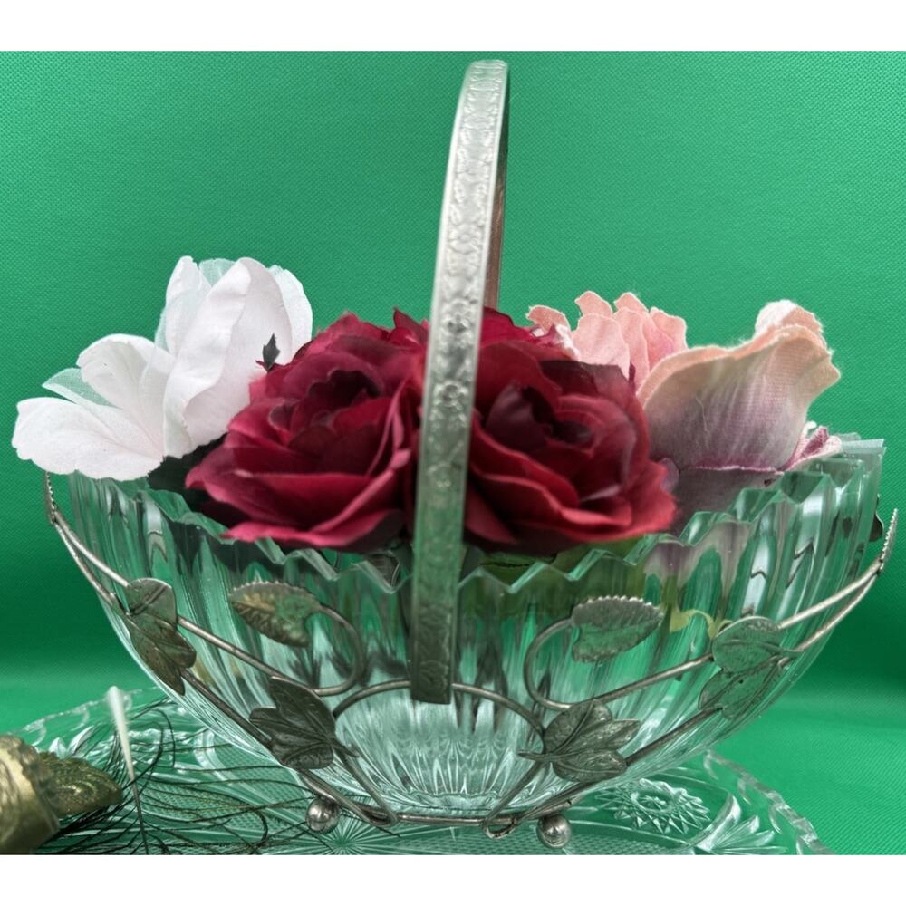 Vintage Silverplate Cut Glass Bridal Basket | Centerpiece | MCM Romantic Decor